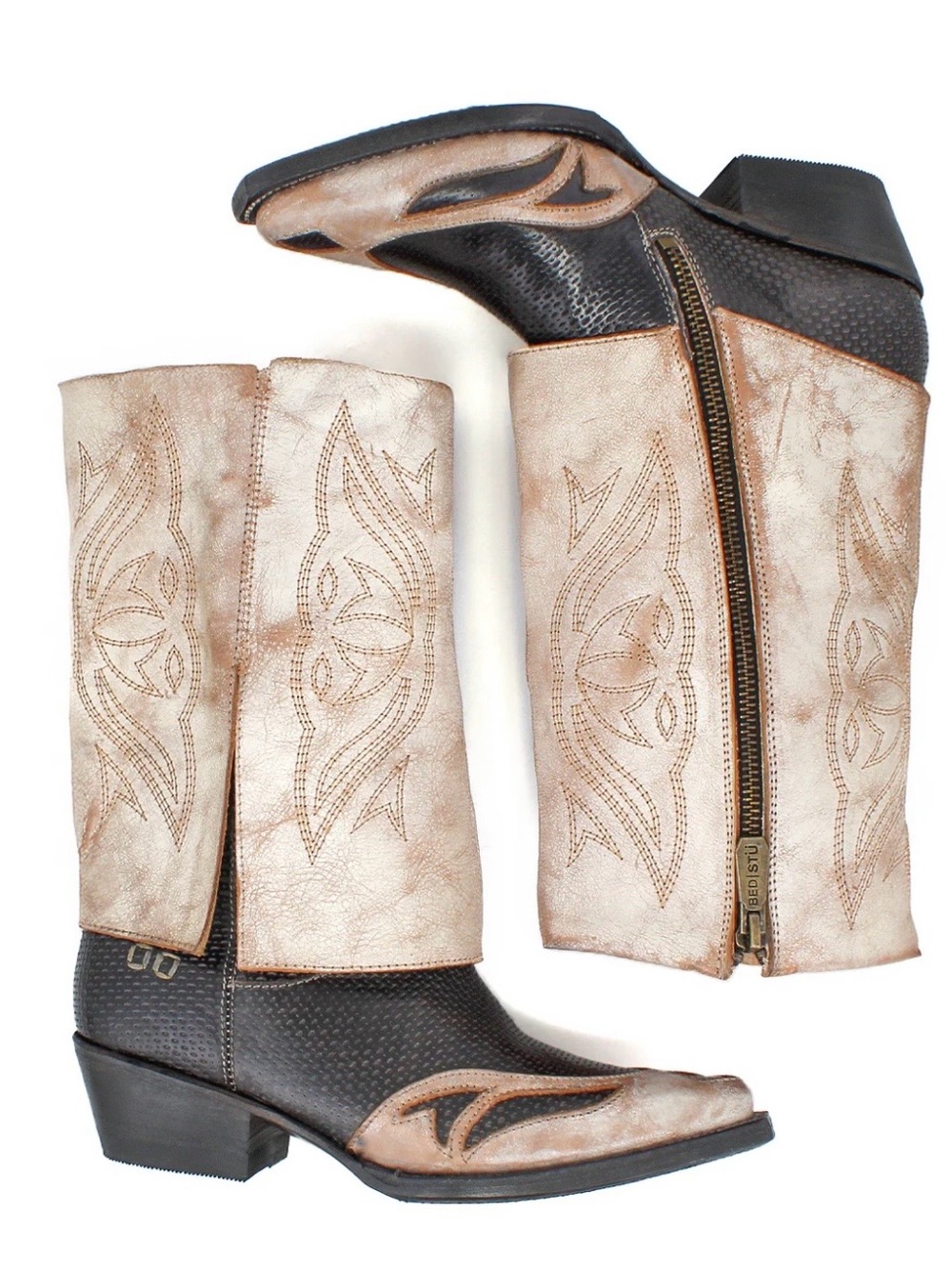 Bed Stu Cream and Black Western Zip-Heel Boots
